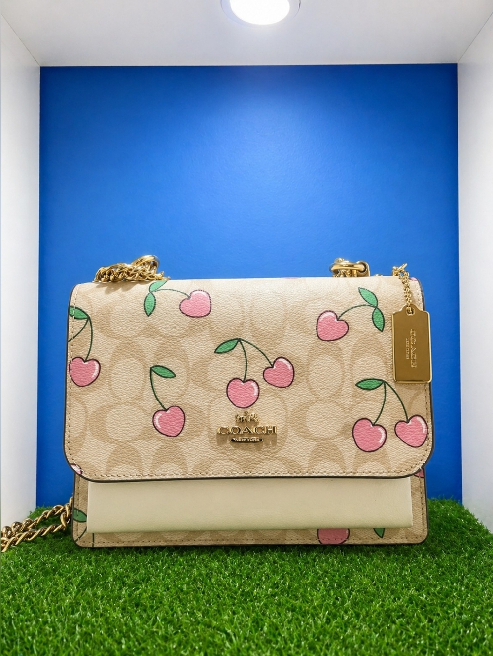 Coach Beige Cherry-Print Shoulder Bag with Gold Chain